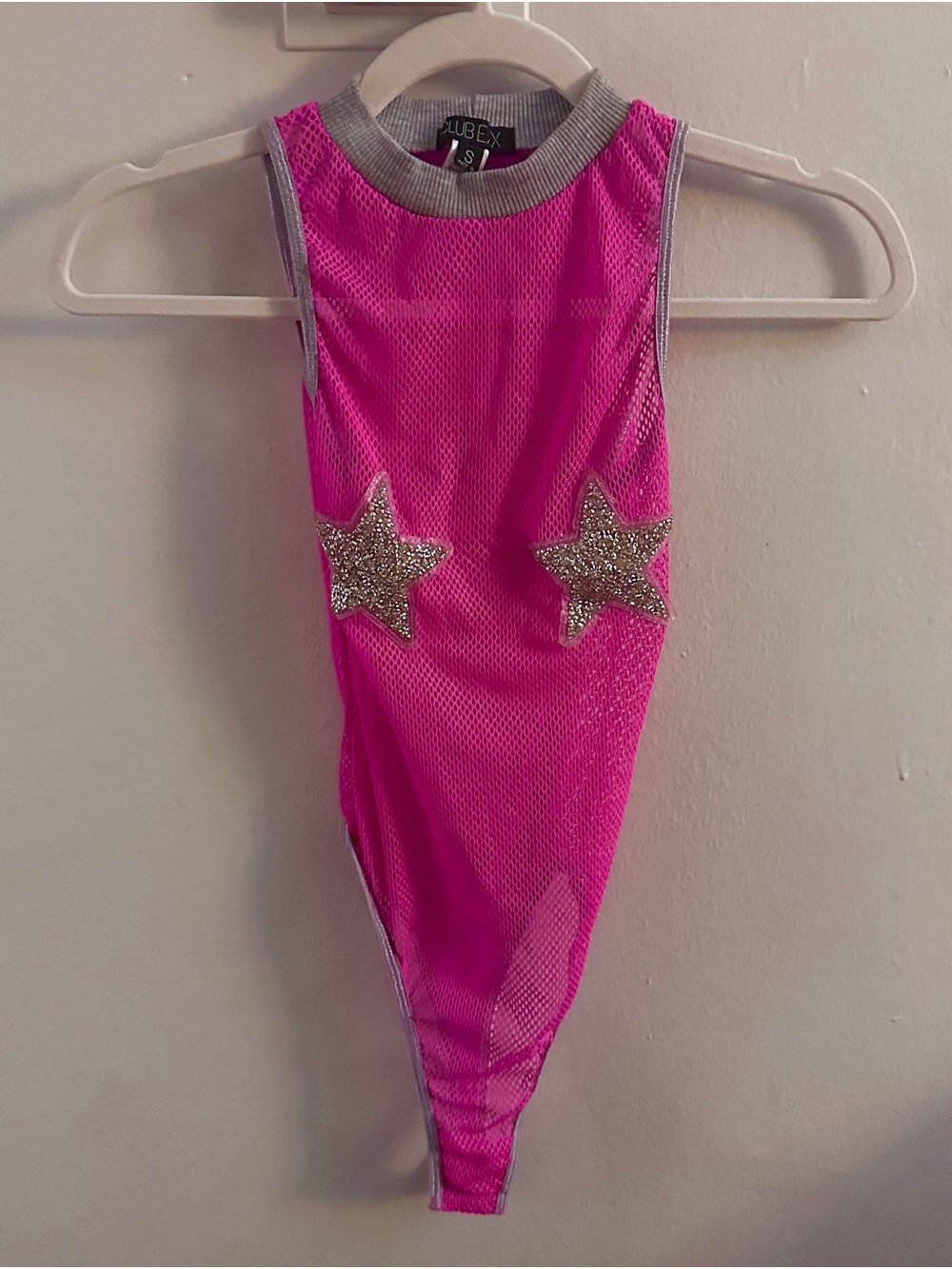 Club Exx Hot Pink Sleeveless Mesh Bodysuit with Silver Star Pasties Built In